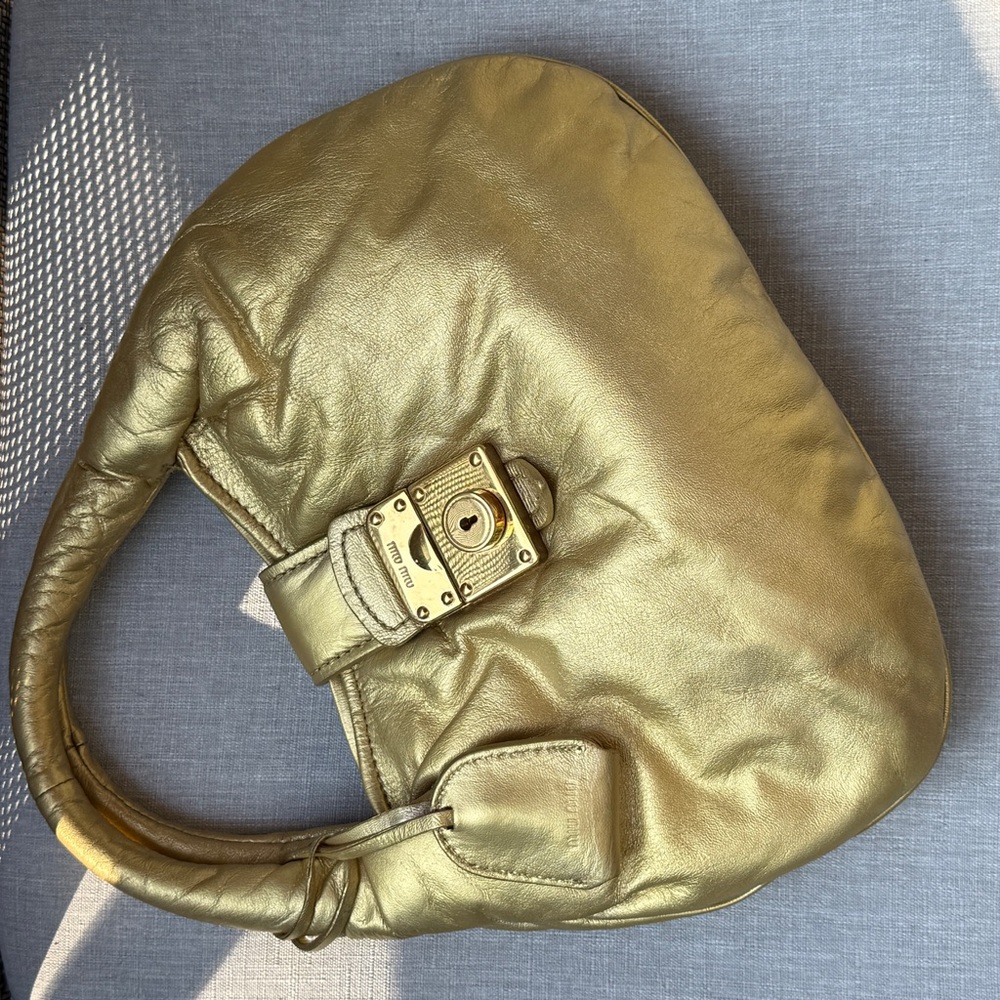 Auth MUI MUI Elegant Gold Y2K mini hobo leather Women's Handbag RARE vintage - Picture 10 of 14